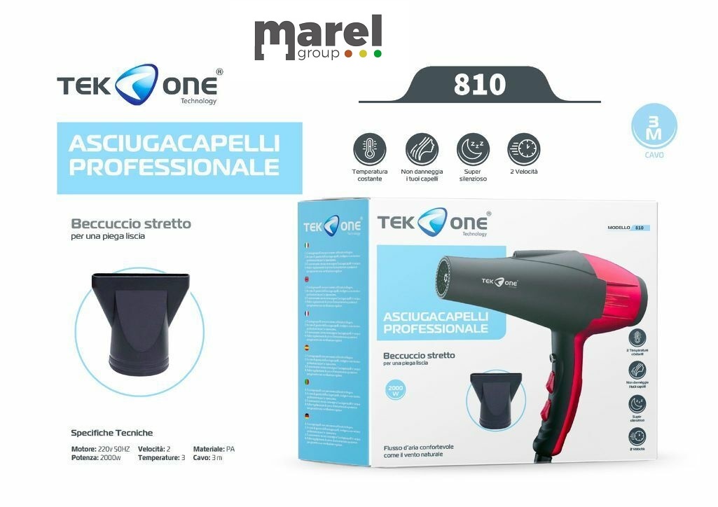 AsciugaCapelli Phon TeKone 810 Professionale 2in1 Beccucci 2 Velocità 2000W hsb